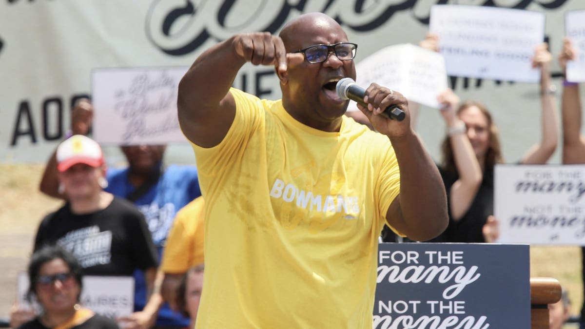 Representative Jamaal Bowman (D-NY) speaks to the crowd while he campaigns in the Bronx borough of New York City on June 22, 2024.