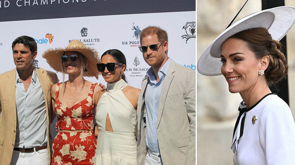 Side by side photos of Nacho Figueras and wife with Prince Harry and Meghan Markle and Kate Middleton