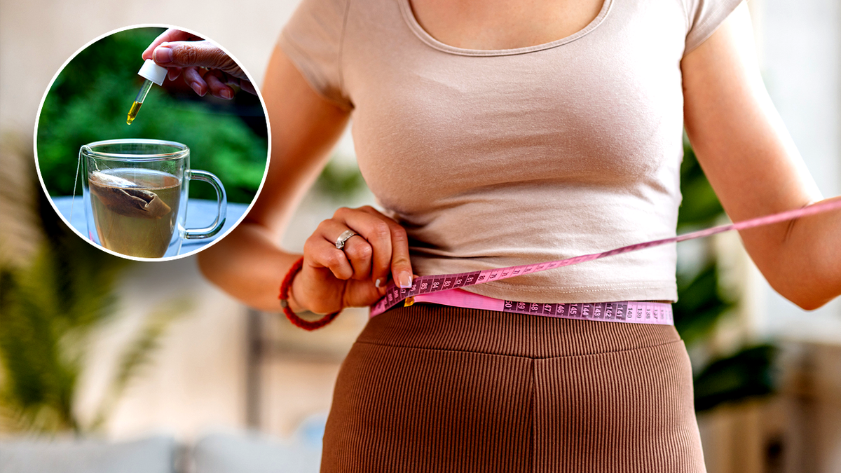 a graphic of a woman measuring her waist and an image of an oil dropper into tea