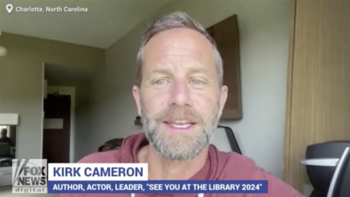 Kirk Cameron on camera speaking to Fox News Digital
