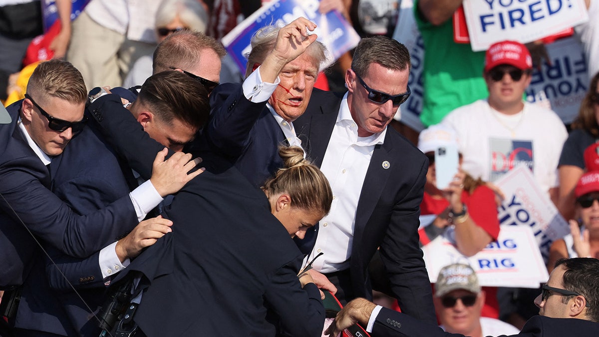 Donald Trump gestures with a bloodied face as multiple shots rang out during a campaign rally