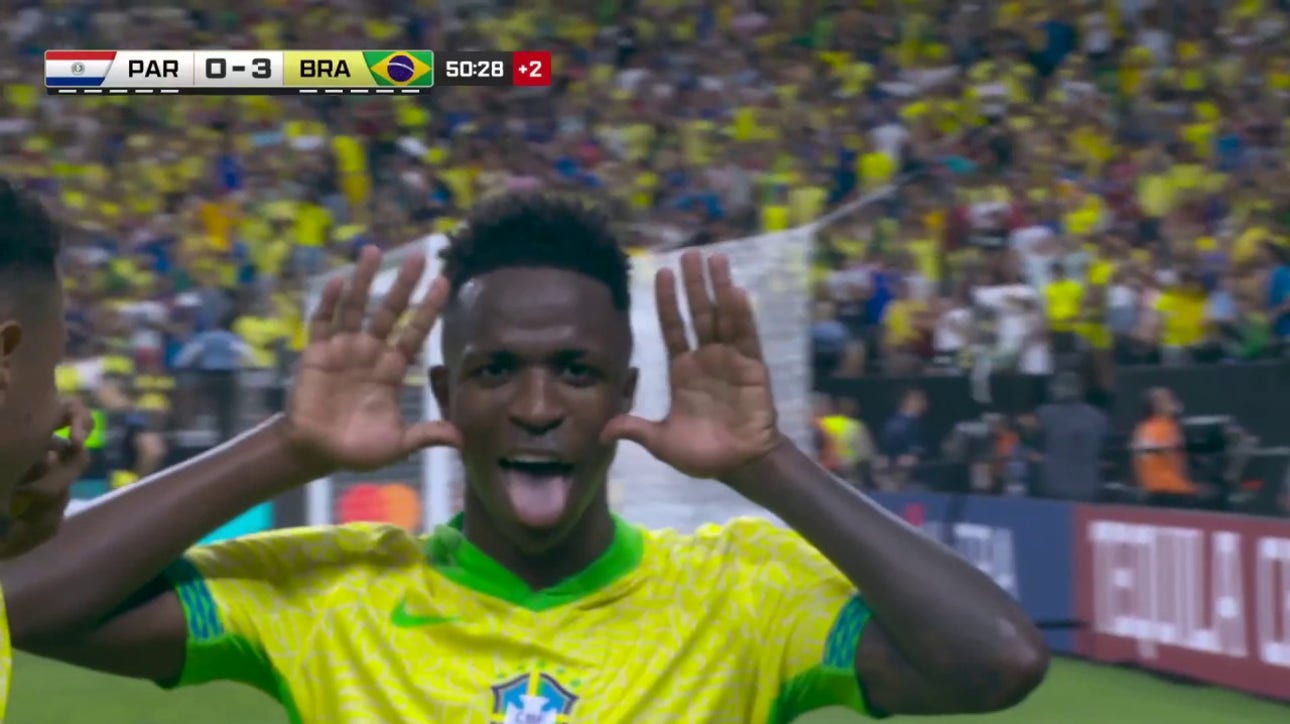 Brazil's Vinicius Junior scores immediately after being pushed to ground vs. Paraguay | Copa América