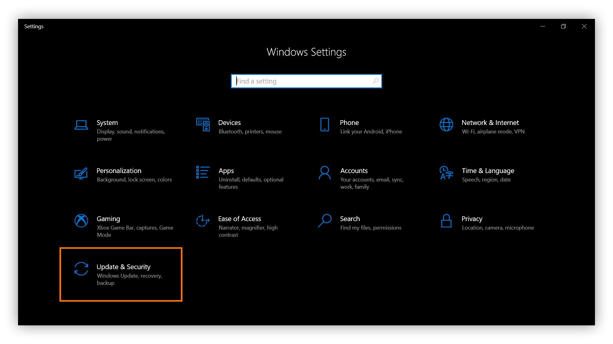 A screenshot of Windows Settings with Update & Security circled.