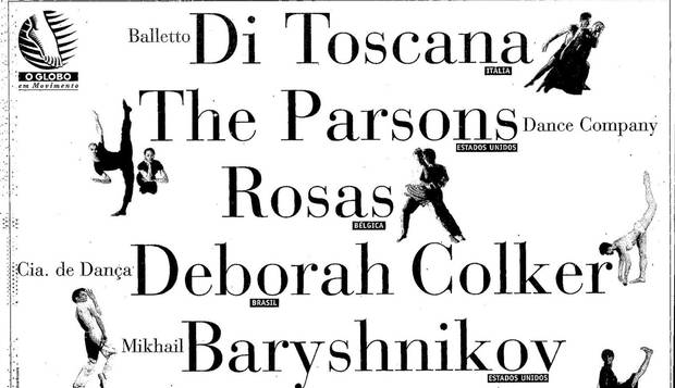 Anúncio destaca as atrações da edição de 1998 da série O GLOBO em Movimento, com renomadas companhias de balé contemporâeno