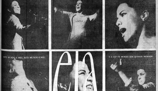 A cantora. Elis Regina na primeira página do caderno “Ela”, do GLOBO: entrevista e fotos às 3h30m após show na boate Porão 73, no Rio