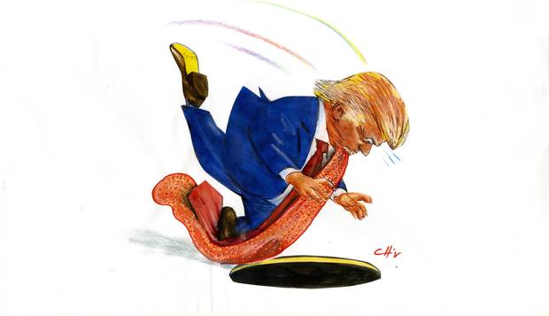 Charge. No desenho de Chico Caruso, o magnata republicano Donald Trump tropeça na própria língua antes das eleições presidenciais