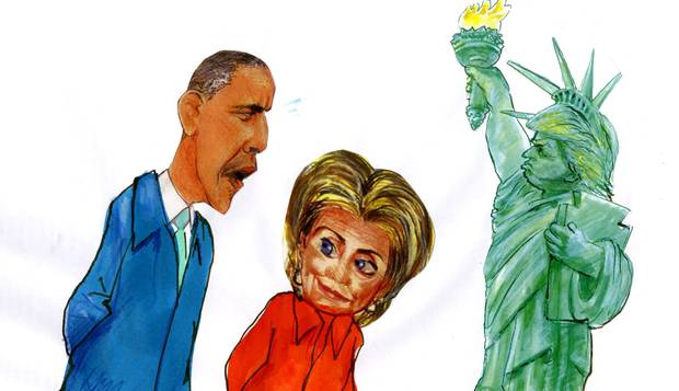 Fim de era. Com a Estátua da Liberdade de cara feia, Obama e Hillary Clinton saem de cena com a eleição do republicano Donald Trump para a presidência dos EUA