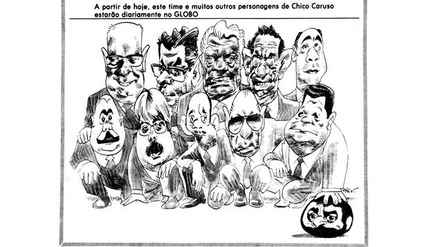 Time. Na 1ª charge de Chico no GLOBO, o sindicalista Lula aparece como uma bola, em que Delfim Netto, ao lado do presidente Figueiredo, apoia sua mão