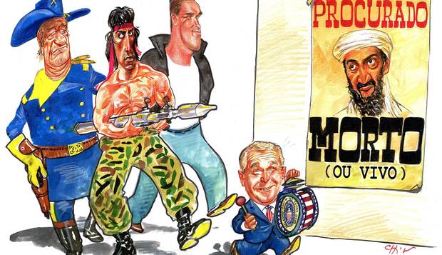 Caçada. O presidente George W. Bush convoca Rambo, John Wayne e Arnold Schwarzenegger para ajudar na caçada a Osama