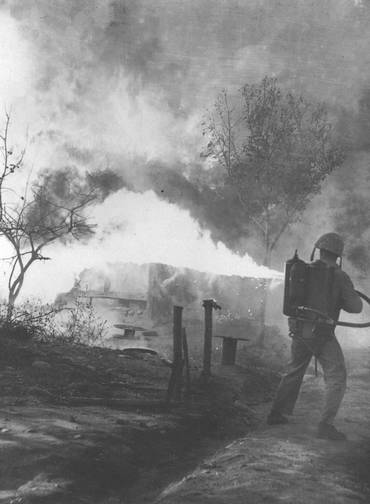 Um militar americano usa um lança-chamas para atear fogo à floresta, no Vietnã