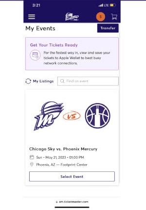 Screen Shot of ticketmaster select event