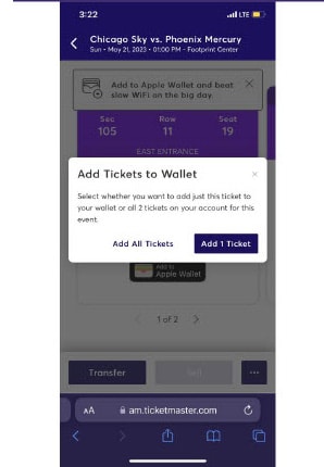 Screen Shot of ticketmaster webview - add to wallet