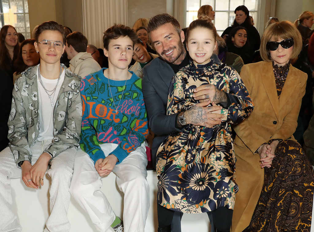 Romeo Beckham, Cruz Beckham, David Beckham, Harper Beckham and Anna Wintour, London Fashion Week, Celebrities at Fashion Week