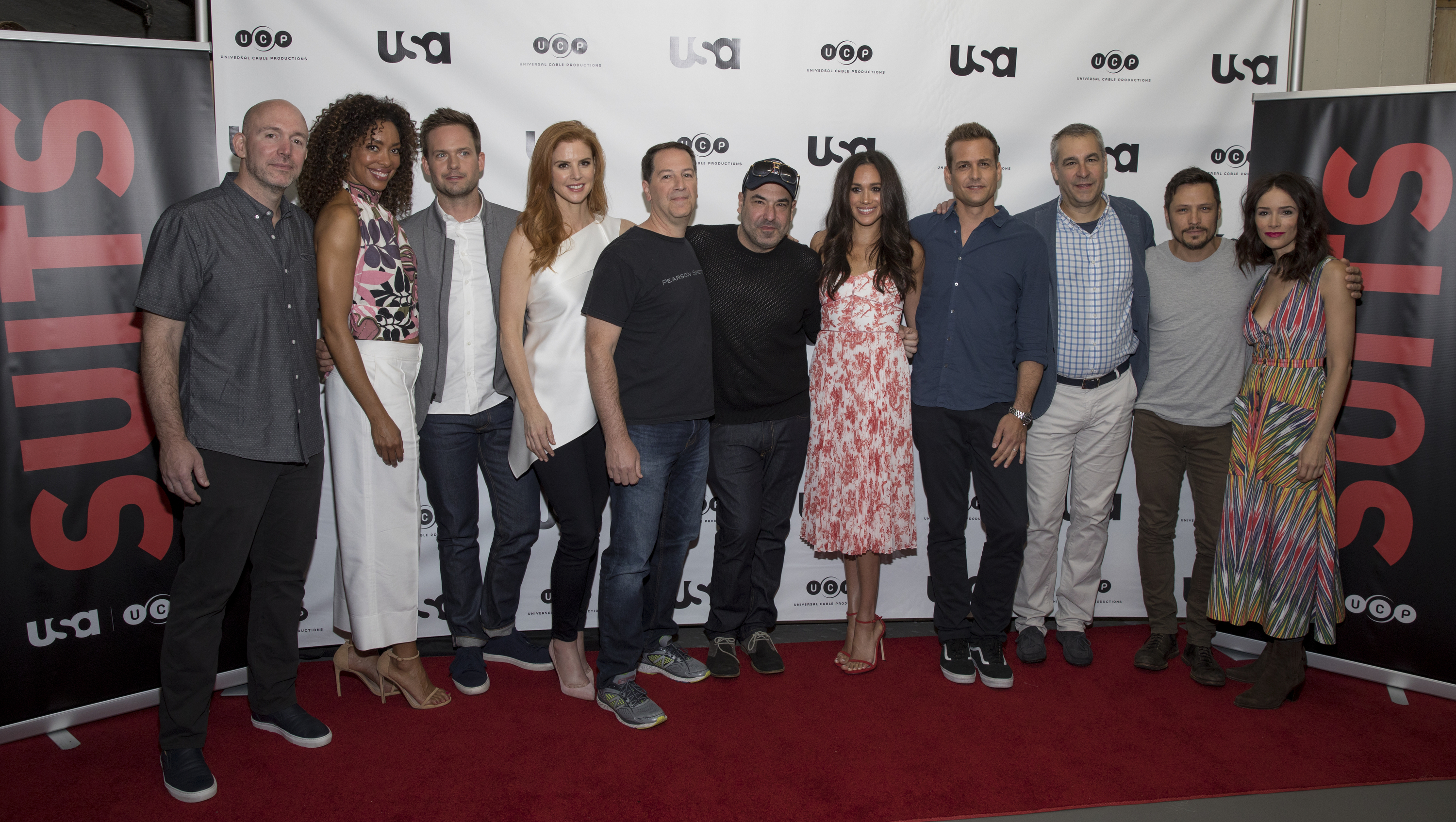 Suits cast, Gene Klein, Gina Torres, Patrick J. Adams, Sarah Rafferty, Aaron Korsh, Rick Hoffman, Meghan Markle, Gabriel Macht