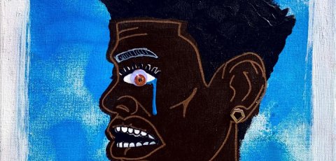 Illustration of a black man's face in side profile, with one tear leaking from a red eye. In front of a blue background.