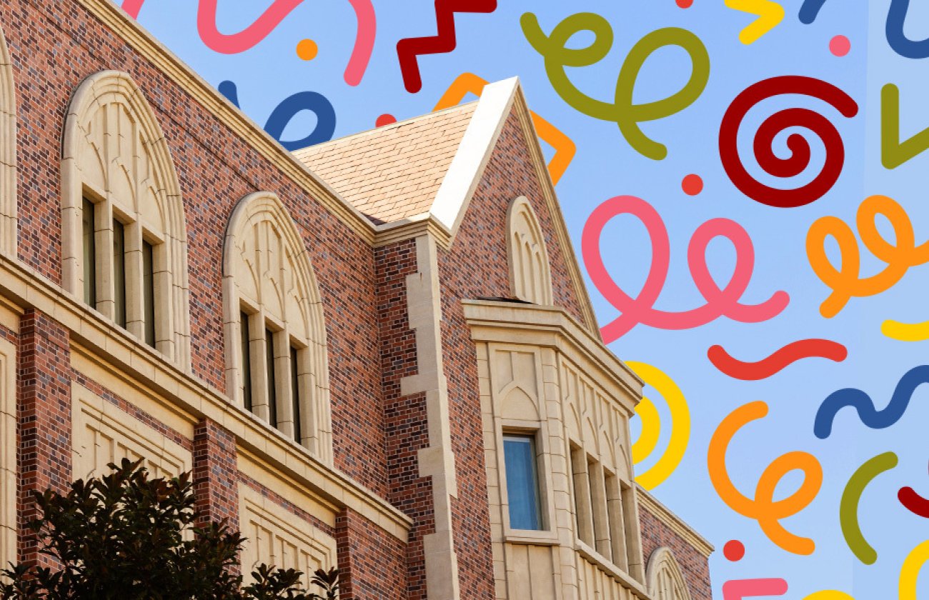 USC Annenberg building with confetti drawn in the sky