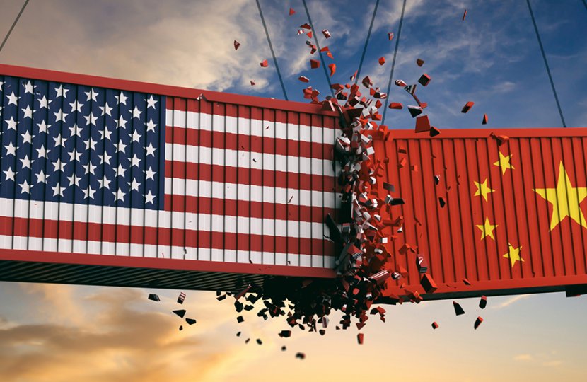 Illustration of two cargo containers, one painted like an American flag and one painted like a Chinese flag, crashing into eachother