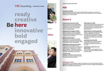 A photo from the graduate students brochure, with the title page reading: "ready, creative, Be here, innovative, bold, engaged"