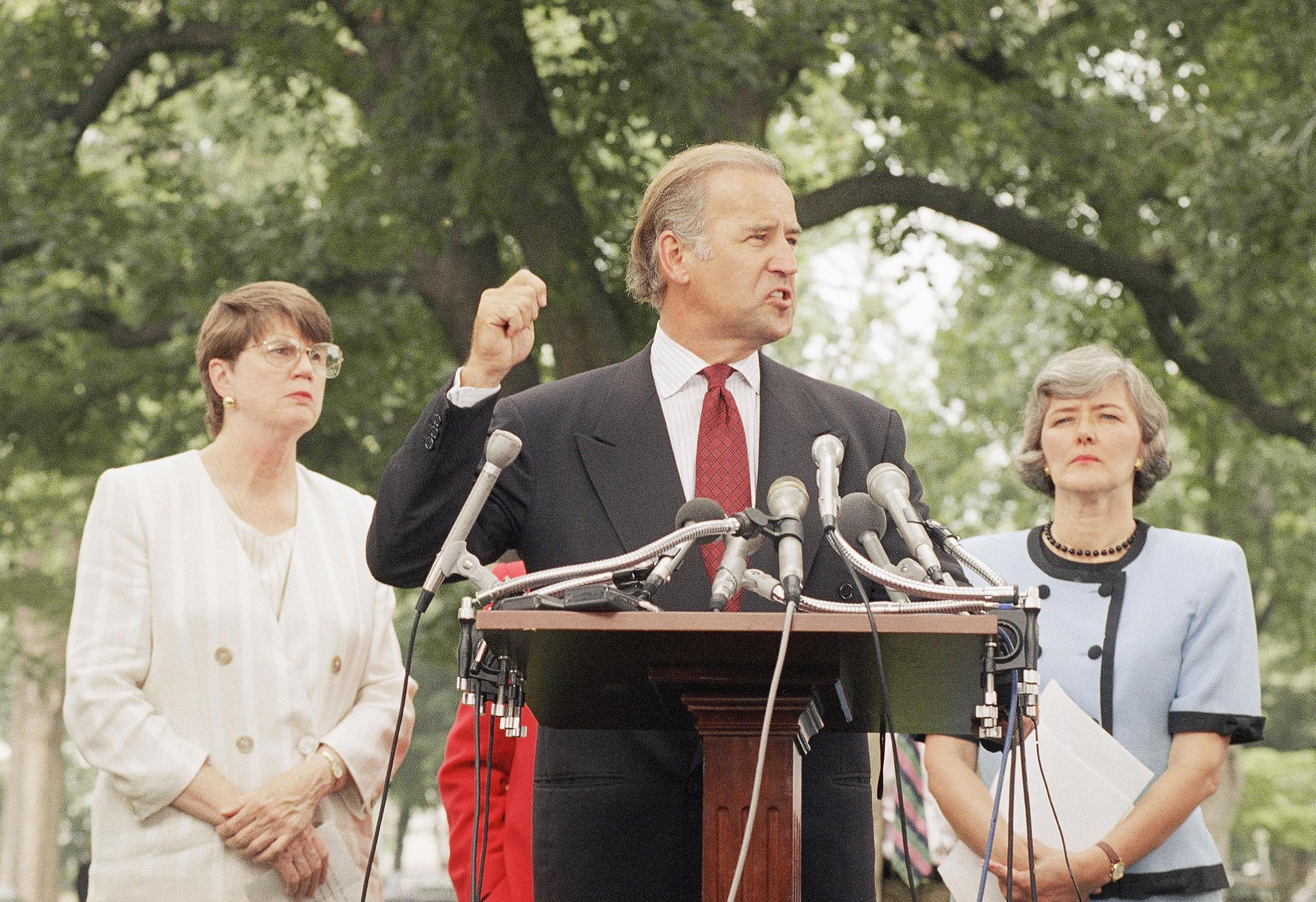 A presidential campaign would spotlight Biden’s record on gender issues, from the Anita Hill hearings in 1991, to his introduction of the 1994 Violence Against Women Act (pictured), to his tactile tendencies, as in a 2012 campaign stop at a Seaman, Ohio, diner