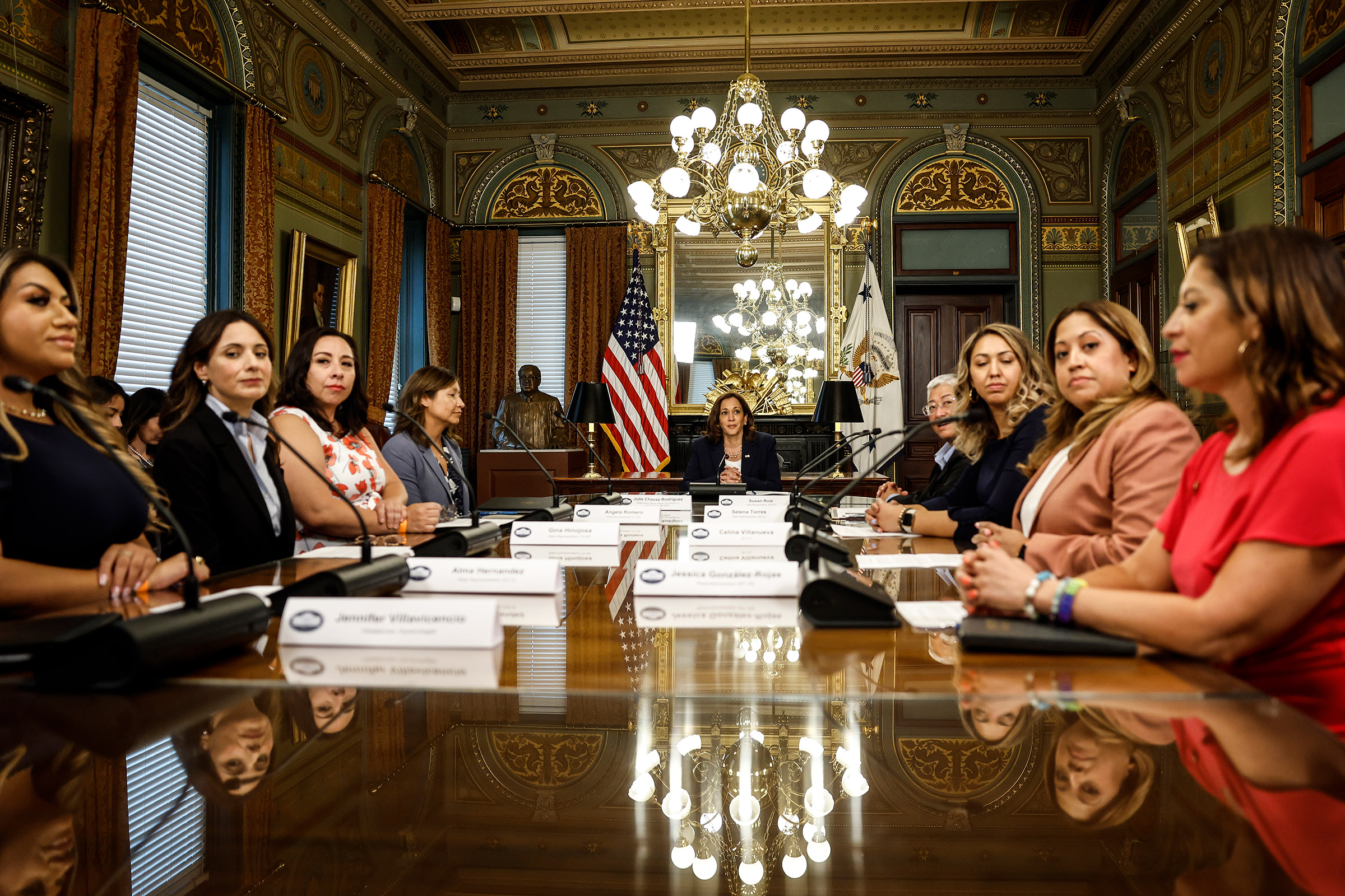 Kamala Harris oversees a discussion on reproductive rights in 2022