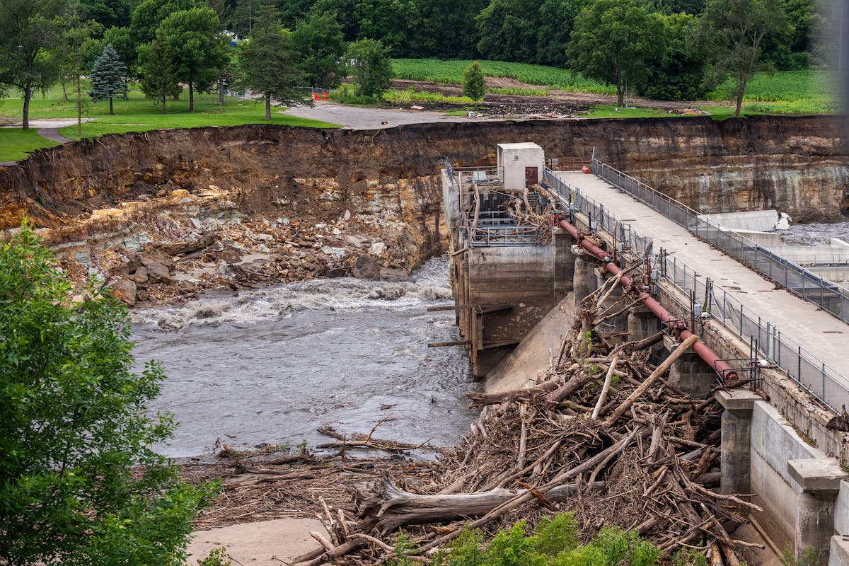 The west bank of the river at the Rapidan Dam near Mankato, photographed Tuesday, has seen major erosion from recent flooding.