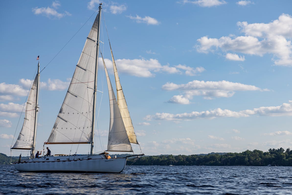 The Dar-Ja sails across the water Wednesday, June 26, 2024, on the St. Croix River near Hudson, Wis. The sailboat has been in the Lown family since 19