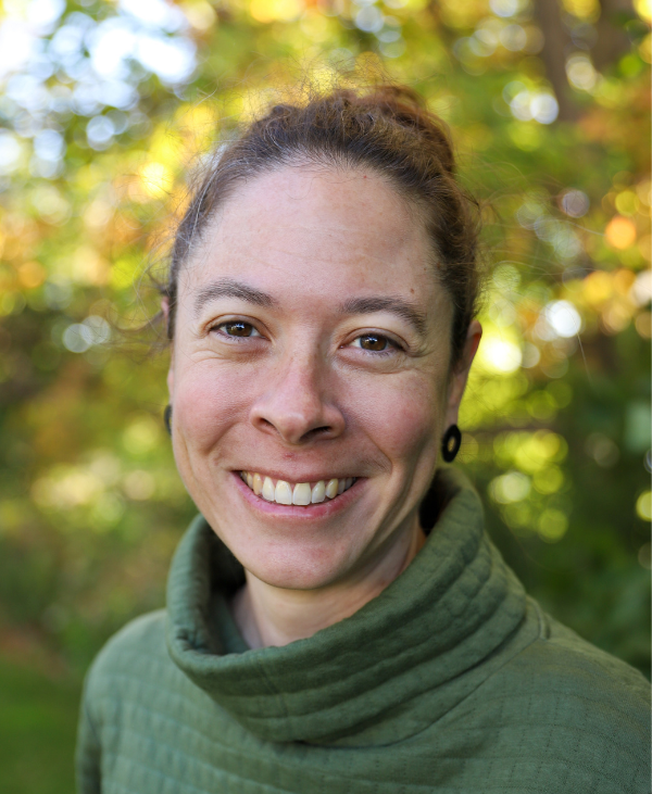 Headshot of a smiling person of light skin tone with brown hair pulled back, wearing small circular earrings and a green turtle neck sweater.