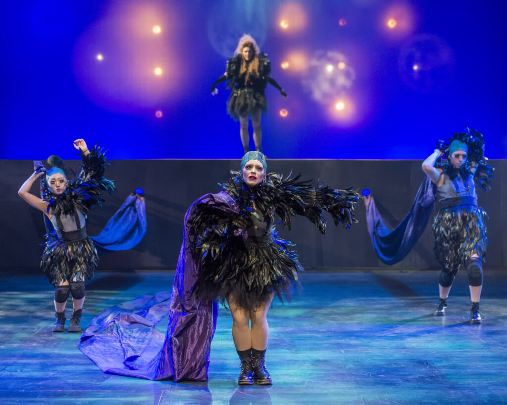 A photo of plumed actors in feathers and mechanical dressing