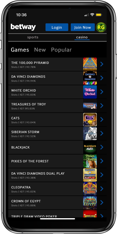 Betway Casino App Homepage