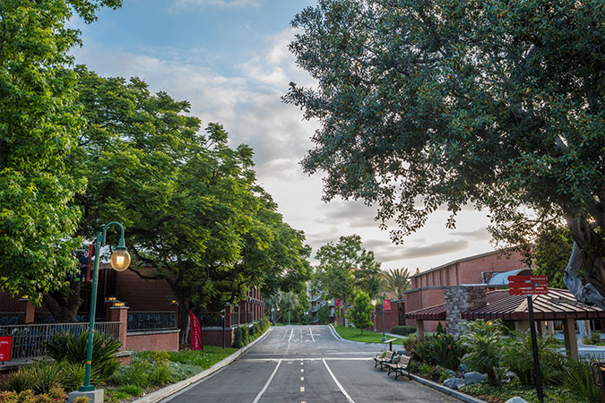 A Biola street with a view of the cafeteria and fire pavilion