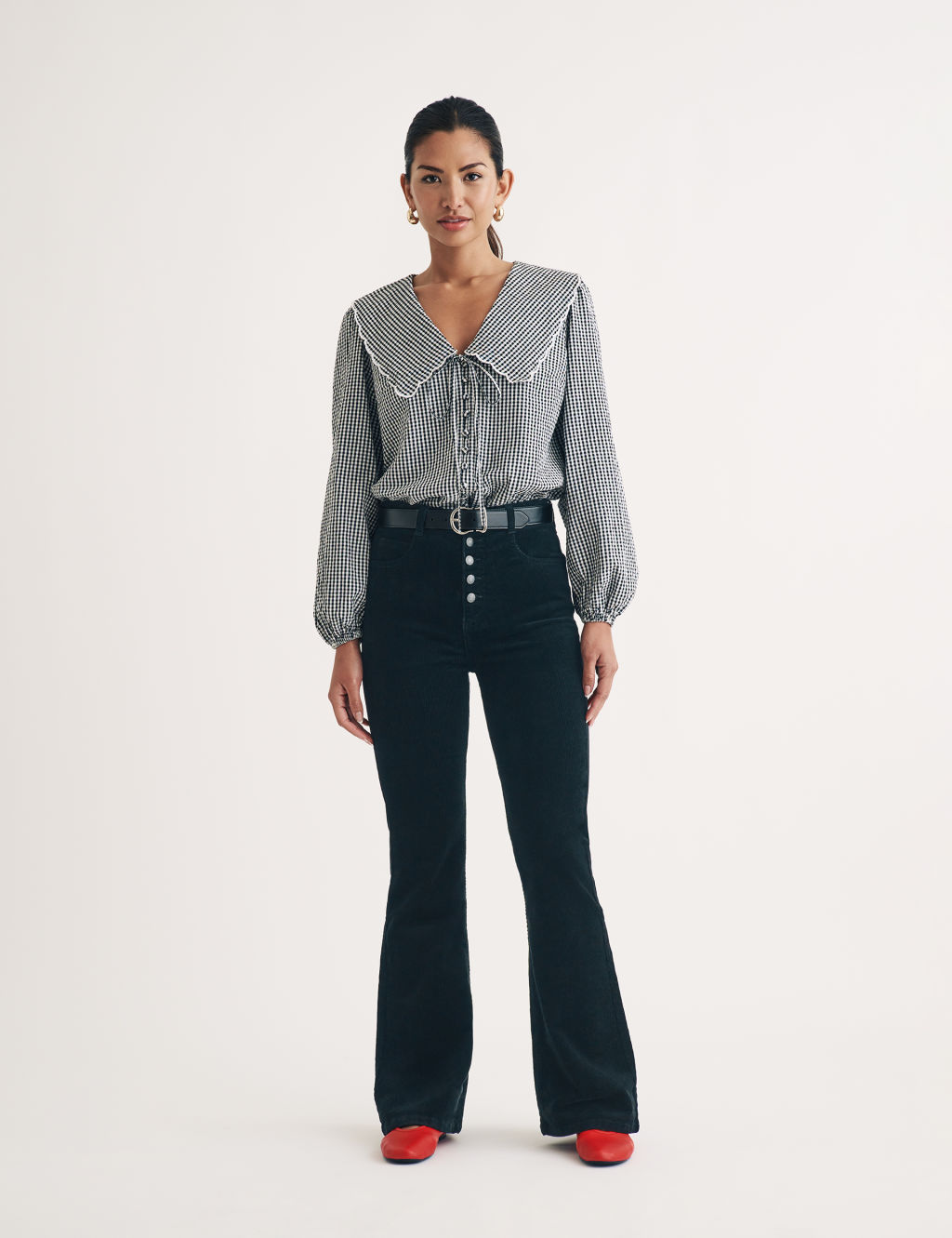 Cord Button Detail Flared Trousers