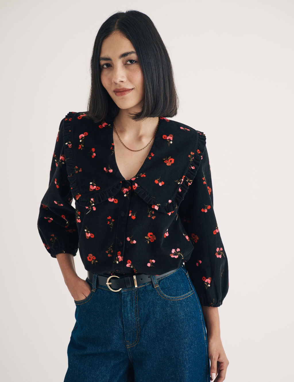 Pure Cotton Floral Collared Button-Front Blouse