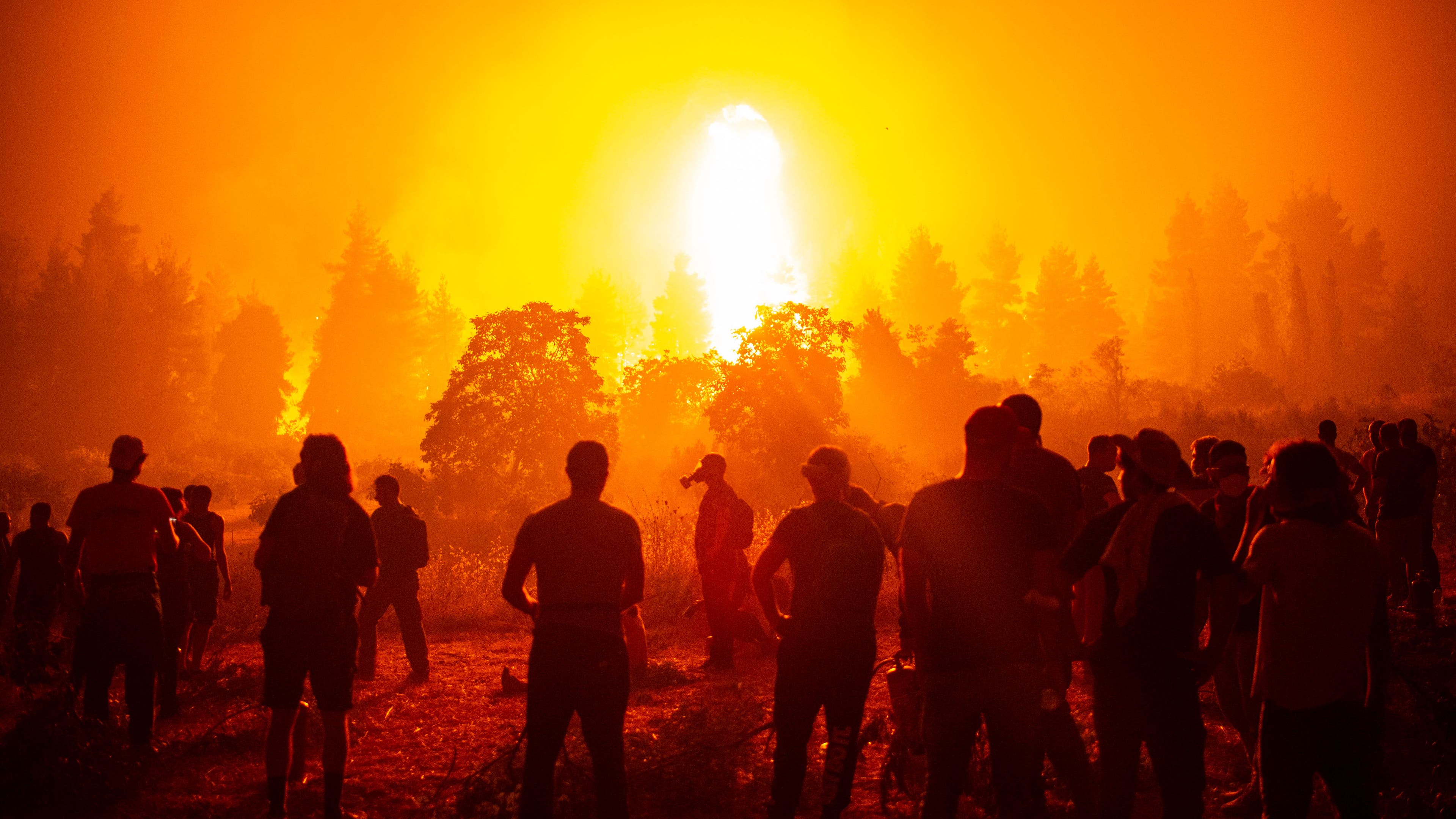 Local youths and volunteers gather in an open field and wait to support firefighters during a wildfire next in the Greek village of Kamatriades.