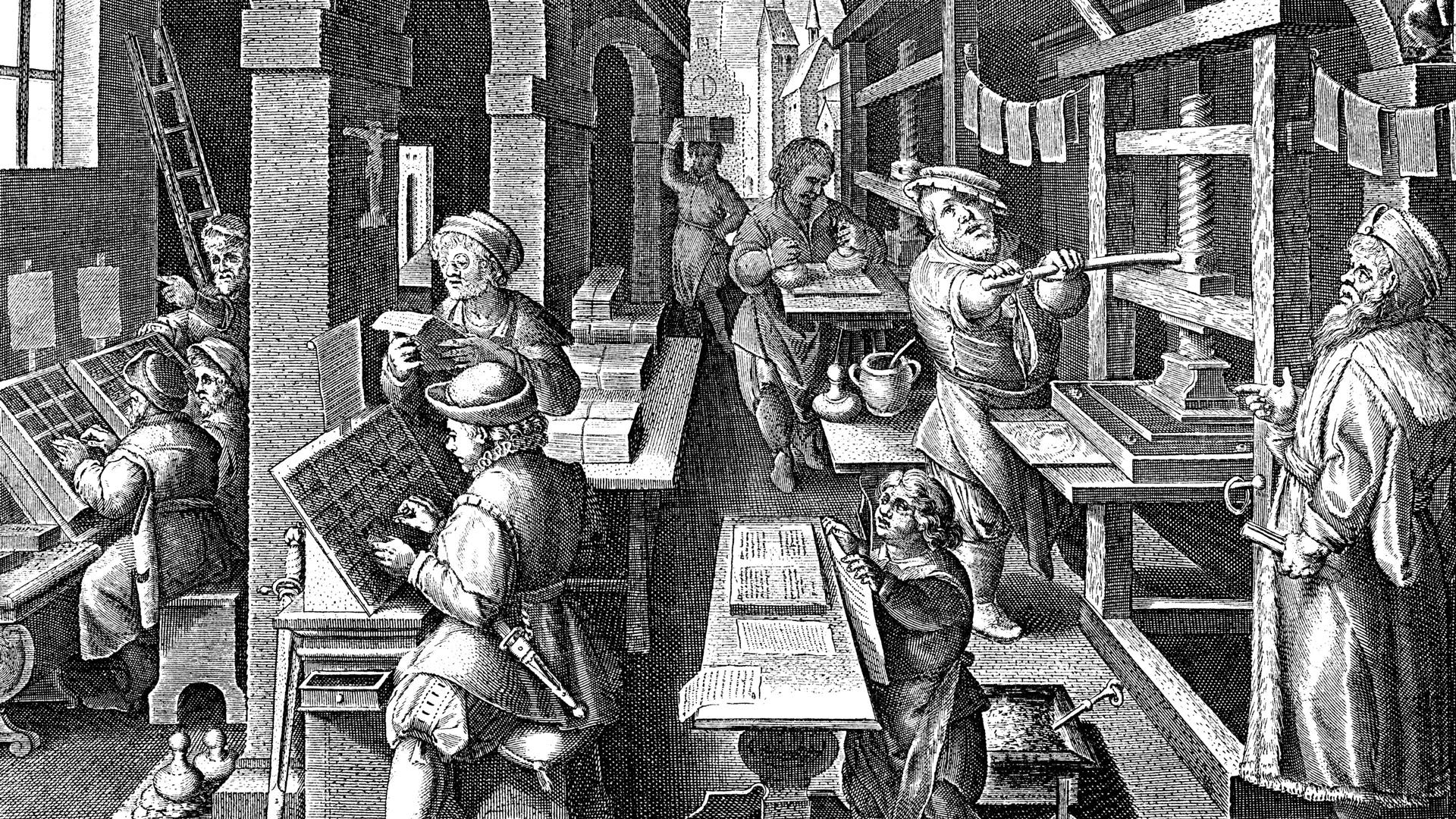 Printing office, c1600.Printing office, c1600. On the left compositors are at work setting up text using letters from a 'case' in front of them. In the centre background type is being inked ready to be printed on to paper in a flatbed screwjack press at centre right. Paper is hung up to allow ink to dry before being stacked in a pile by a boy at centre front. A master printer in a fur-lined gown supervises the enterprise. From Nova reperta by Joannes Stradanus (Jan van der Straet). (Antwerp, c1600). (Photo by Ann Ronan Pictures/Print Collector/Getty Images)