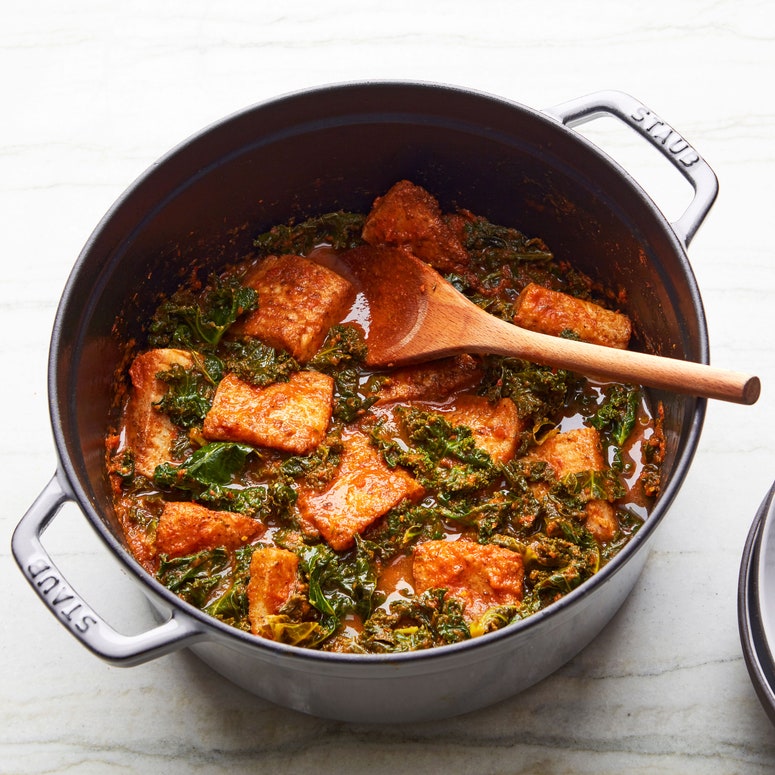 Photo of Efo Riro a Nigerian fish stew in a dutch oven.