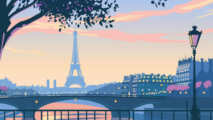 A gorgeous drawing of the Paris panorama in sunset with the Eiffel Tower visible in the distance