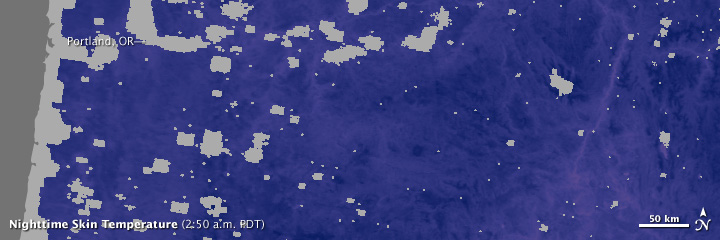 Map of daytime surface temperatures in the Pacific Northwest.