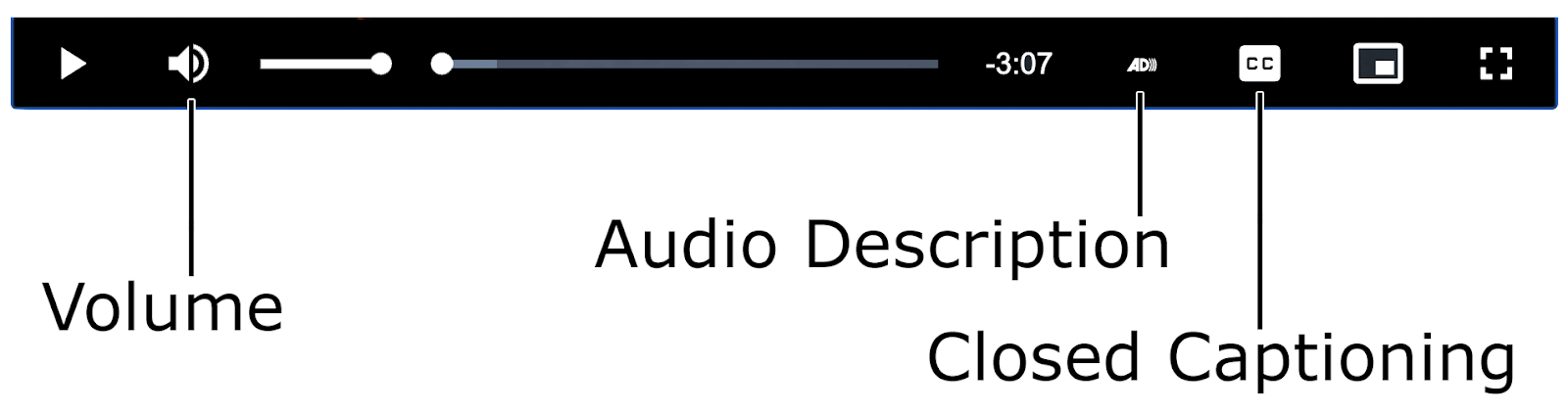 Media player controls within a thin rectangular box, containing user controls at the same menu level (left to right): Play/Pause, Mute, Volume, progress, time remaining, Audio Description, Closed Caption, Picture in Picture, and Full Screen. 