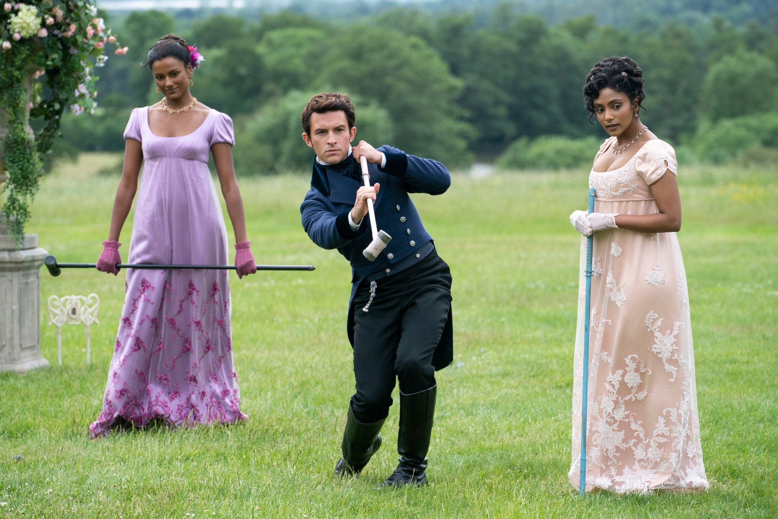 Bridgerton.  Simone Ashley as Kate Sharma Jonathan Bailey as Anthony Bridgerton Charithra Chandran as Edwina Sharma in...