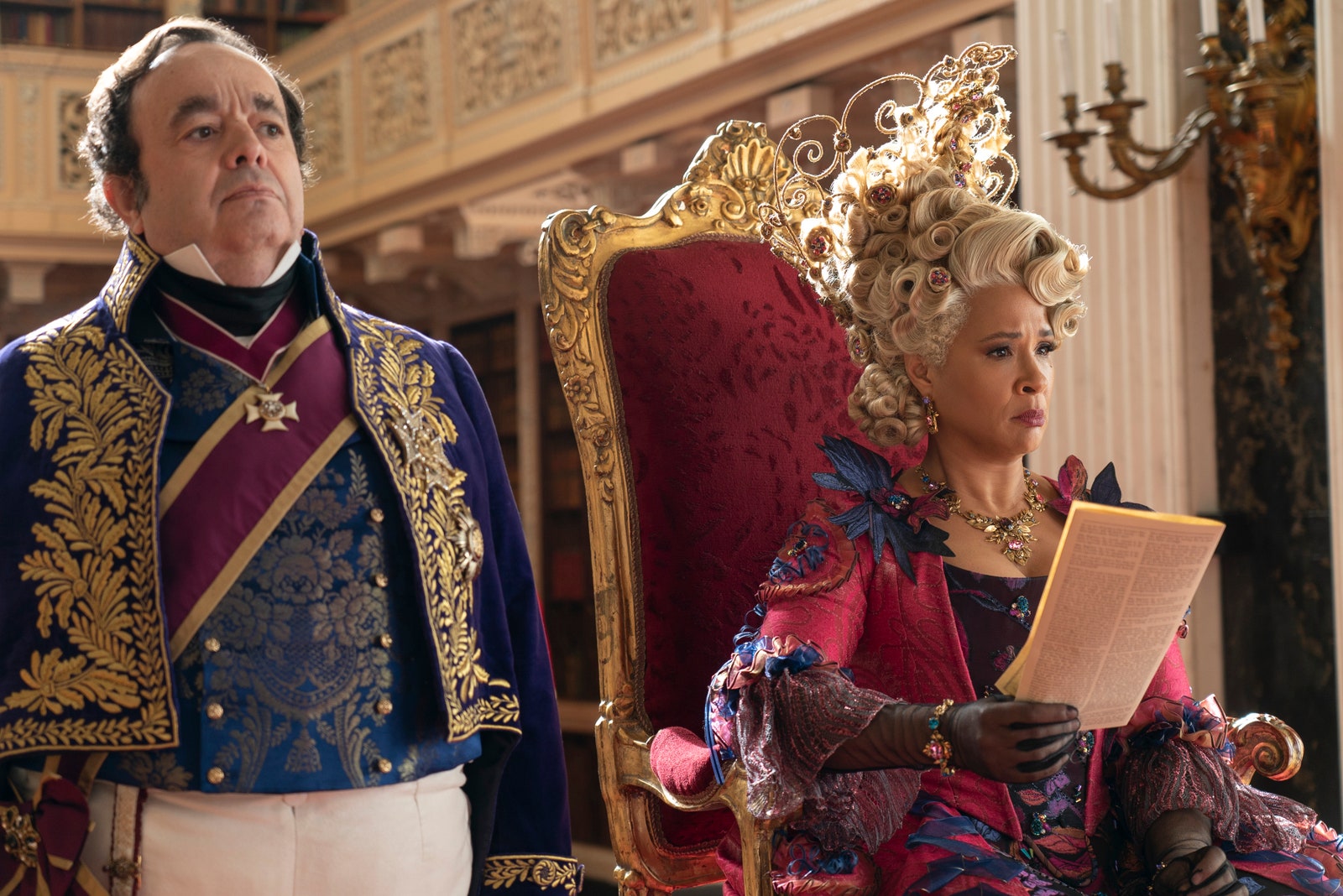 Hugh Sachs as Brimsley and Golda Rosheuvel as Queen Charlotte in episode seven of Bridgerton season 3.