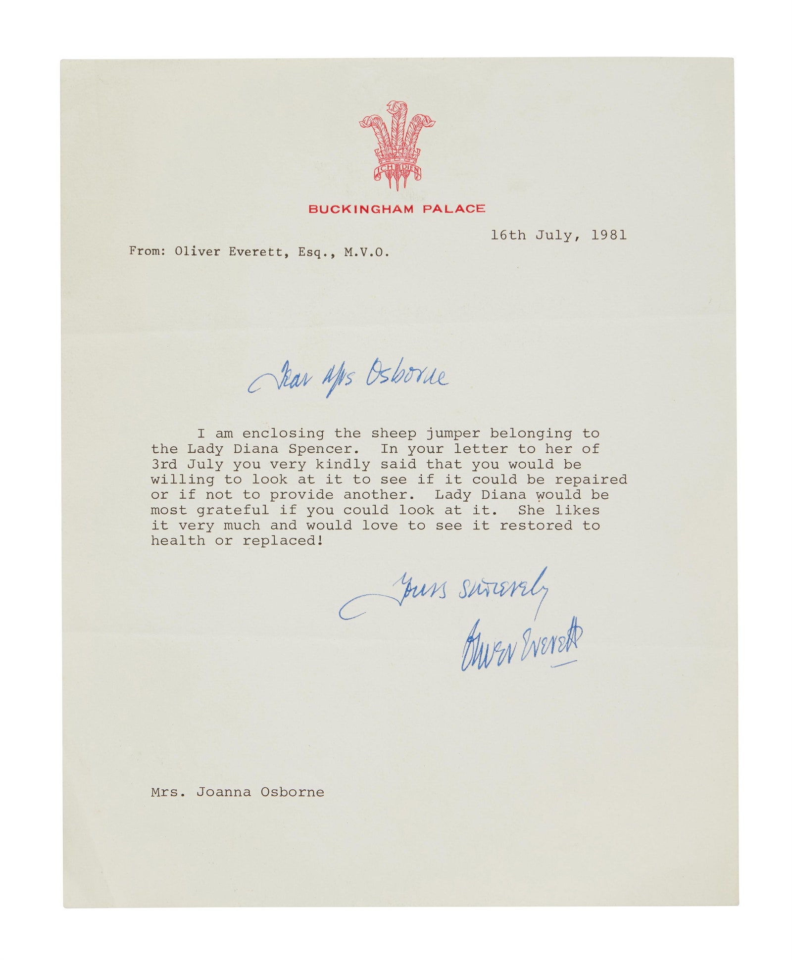 A July 1981 letter from Buckingham Palace sent to Joanna Osbourne asking if she could repair the jumper for thethen Lady...