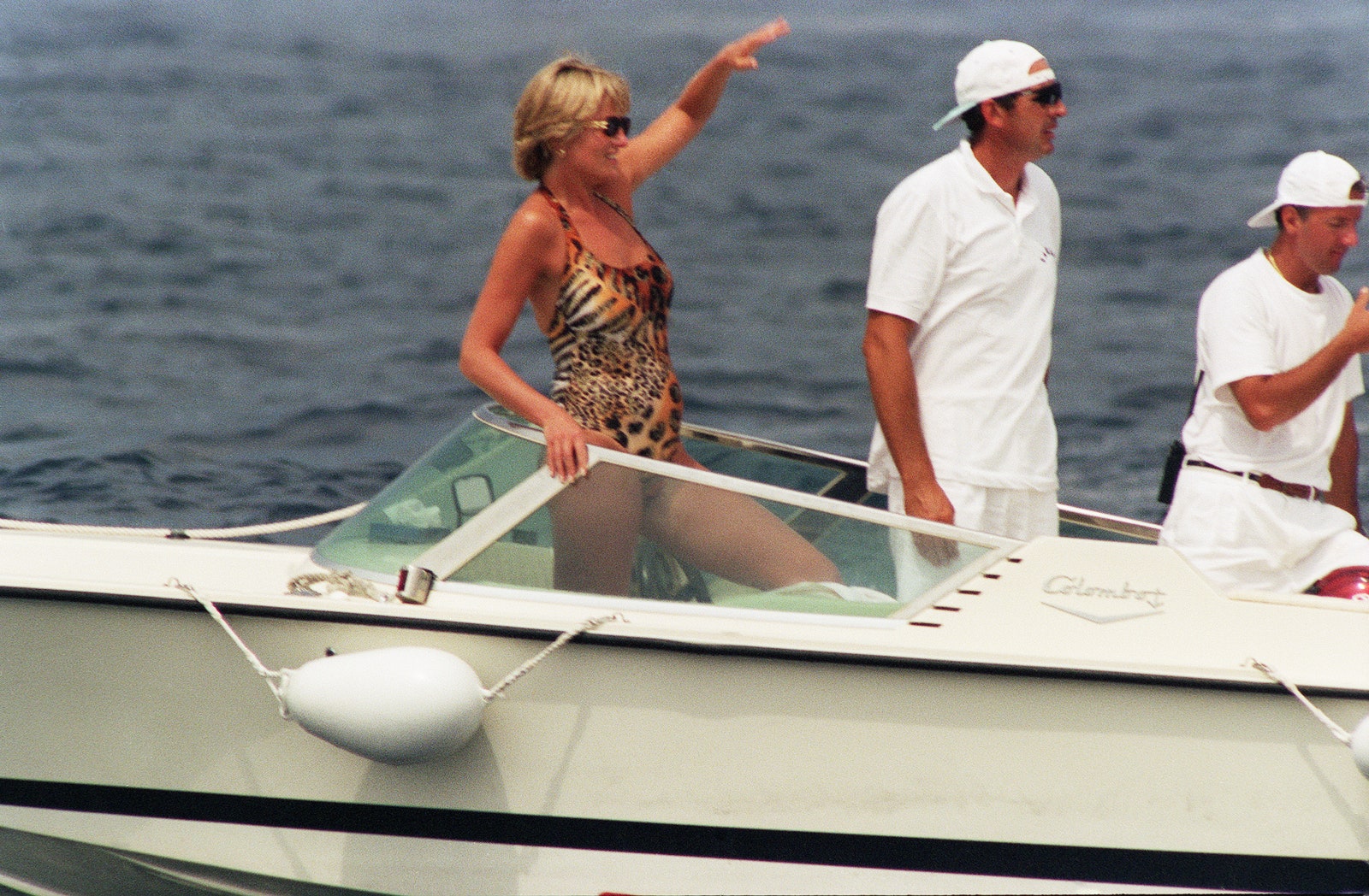 Princess Diana wears her famous animal print swimsuit in St. Tropez 1997.