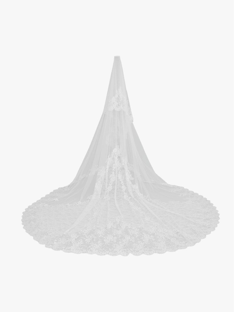 Image may contain: Bridal Veil, Clothing, Dress, Fashion, Formal Wear, Gown, Person, Wedding, Wedding Gown, and Veil