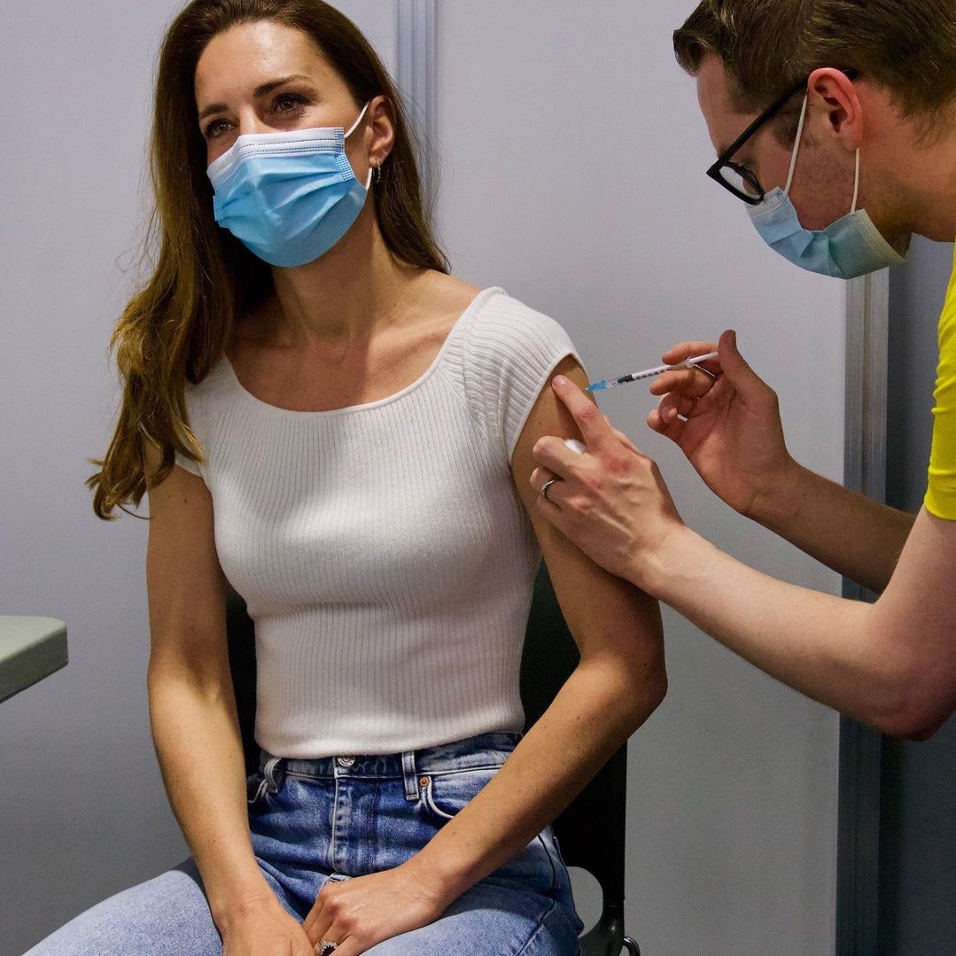 Duchess of Cambridge, Kate Middleton wore a casual white top and blue jeans for her COVID-19 vaccination