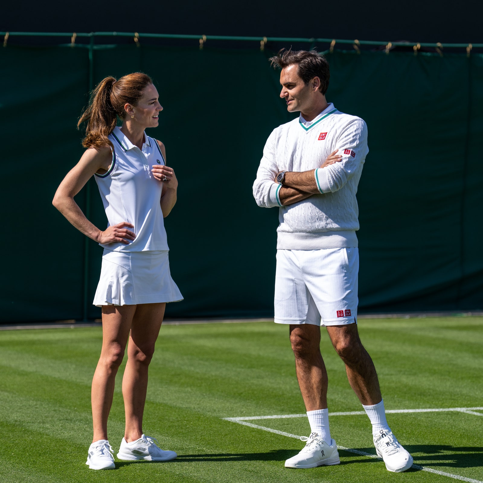 Kate Middleton slipped into a Wimbledon-style white tennis skirt and top for an afternoon of training with Roger Federer