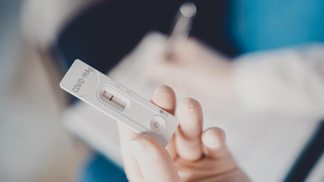 Positive test result shown on a Coronavirus Covid-19 or SARS CoV-2 Test on home test kit 