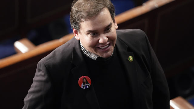 Former Rep. George Santos, R-N.Y., wears a Laken Riley button before President Joe Biden delivers the State of the Union address to a joint session of Congress at the U.S. Capitol, Thursday March 7, 2024, in Washington. 