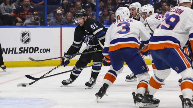 Steven Stamkos #91 of the Tampa Bay Lightning battles against the New York Islanders during the second period at Amalie Arena on March 30, 2024 in Tampa, Florida. 