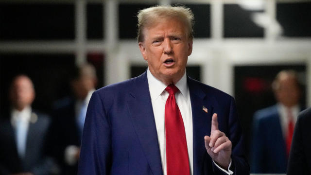 Former President Donald Trump speaks to the media as he arrives to court during his trial at Manhattan Criminal Court on April 30, 2024 in New York City. 