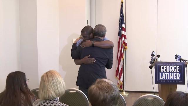 Mondaire Jones hugs George Latimer at an endorsement event in Tarrytown. 